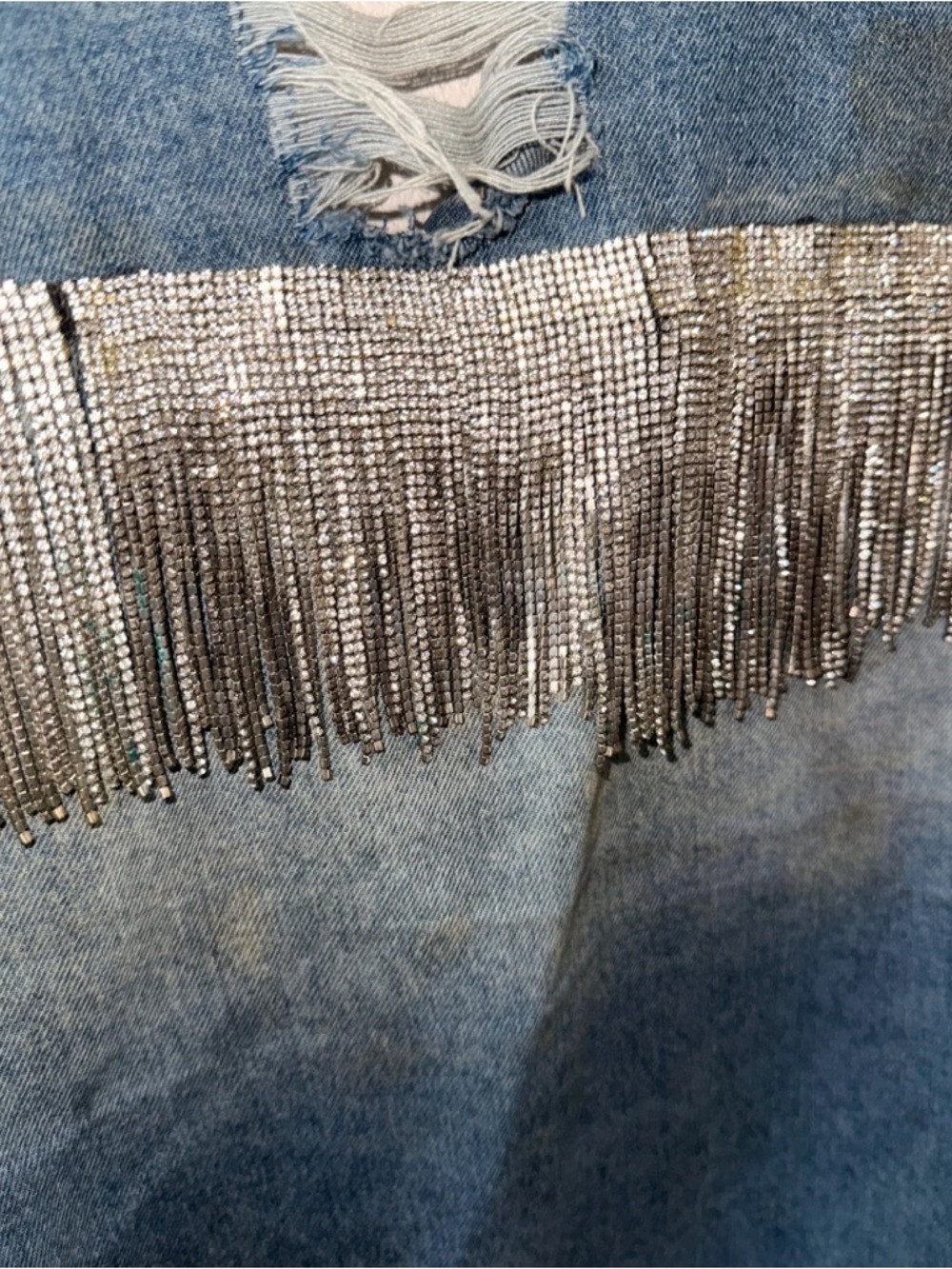 Distressed Denim Jacket With Rhinestone Fringe - Picture 4 of 5
